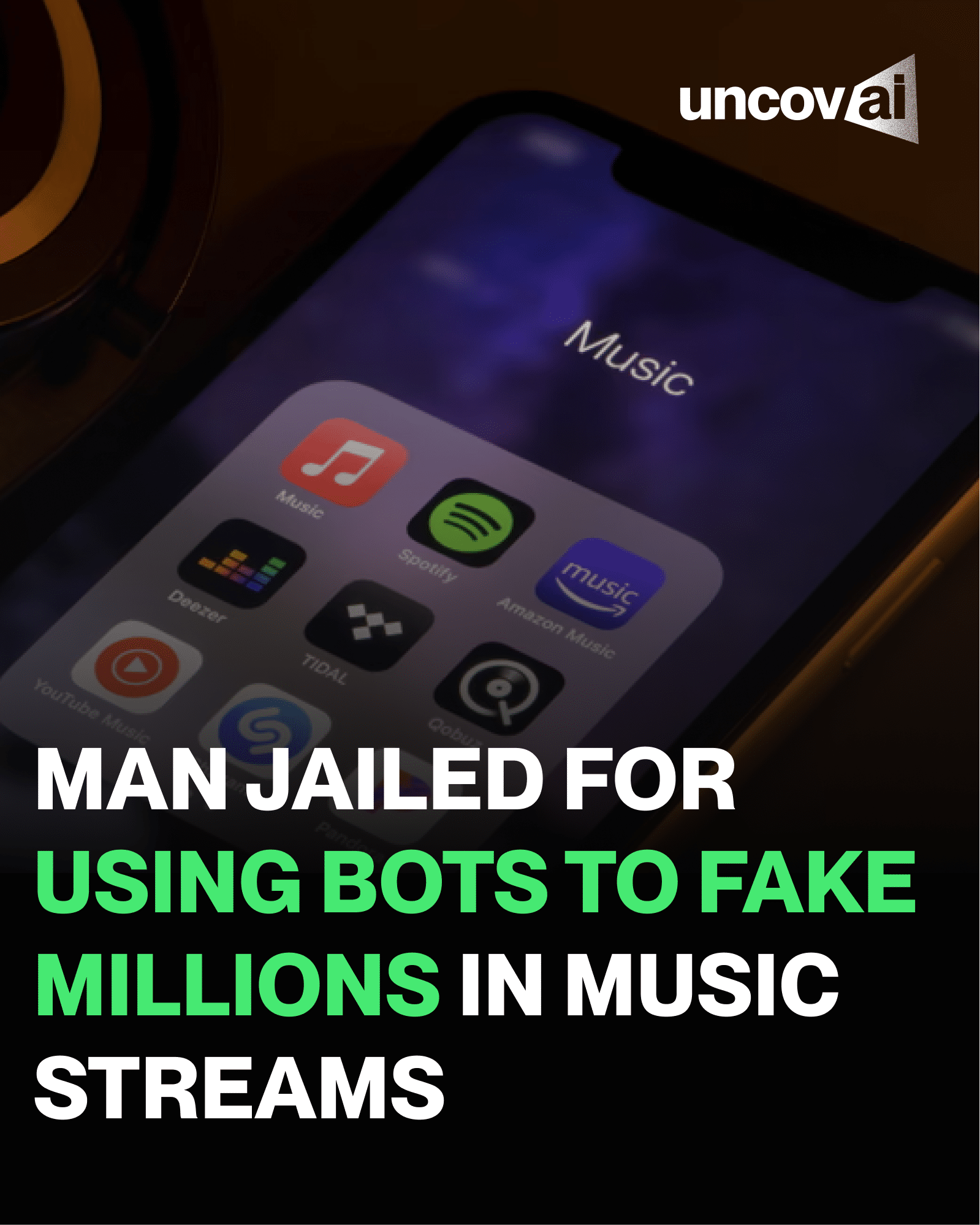 Synthetic audio fraud — AI-generated music streamed by bot farms to collect fraudulent royalties