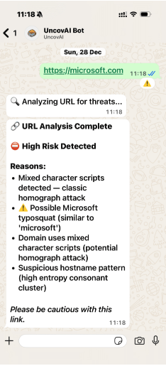 UncovAI WhatsApp bot returning a forensic scan report on a suspicious message