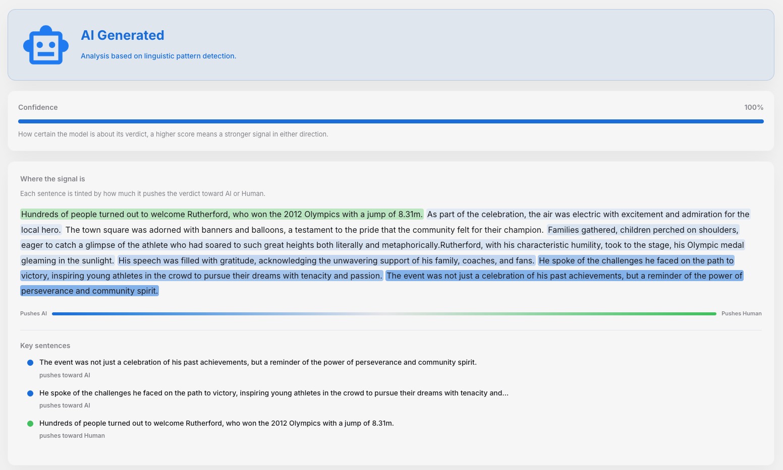 AI text detector sentence-level breakdown showing confidence score and highlighted sentences