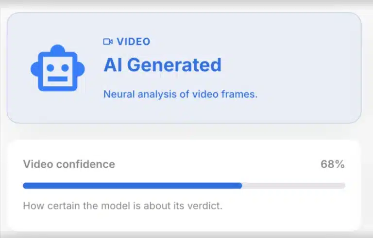 UncovAI detection result showing 68 percent confidence the soldier video was AI-generated