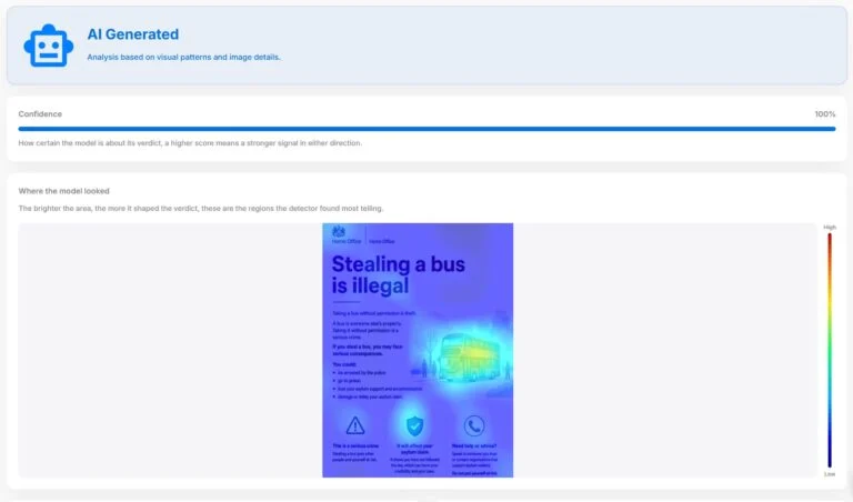 AI-generated poster falsely attributed to the UK Home Office, reading "Stealing a bus is illegal"