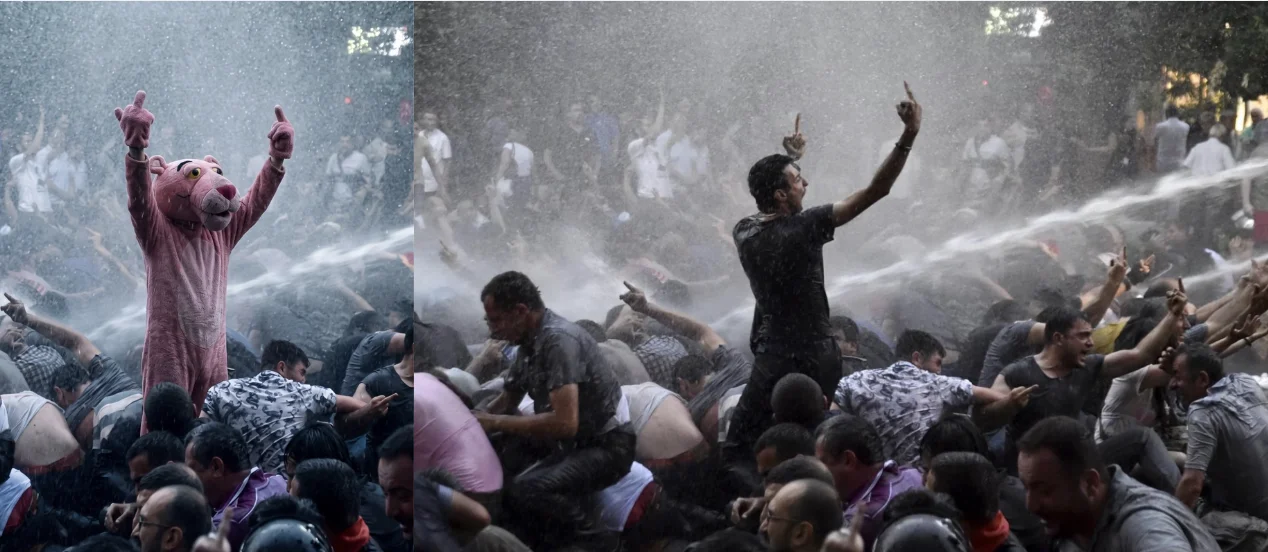 Side-by-side comparison: the AI-altered Pink Panther protester image (left) and the original 2015 Yerevan protest photo (right)