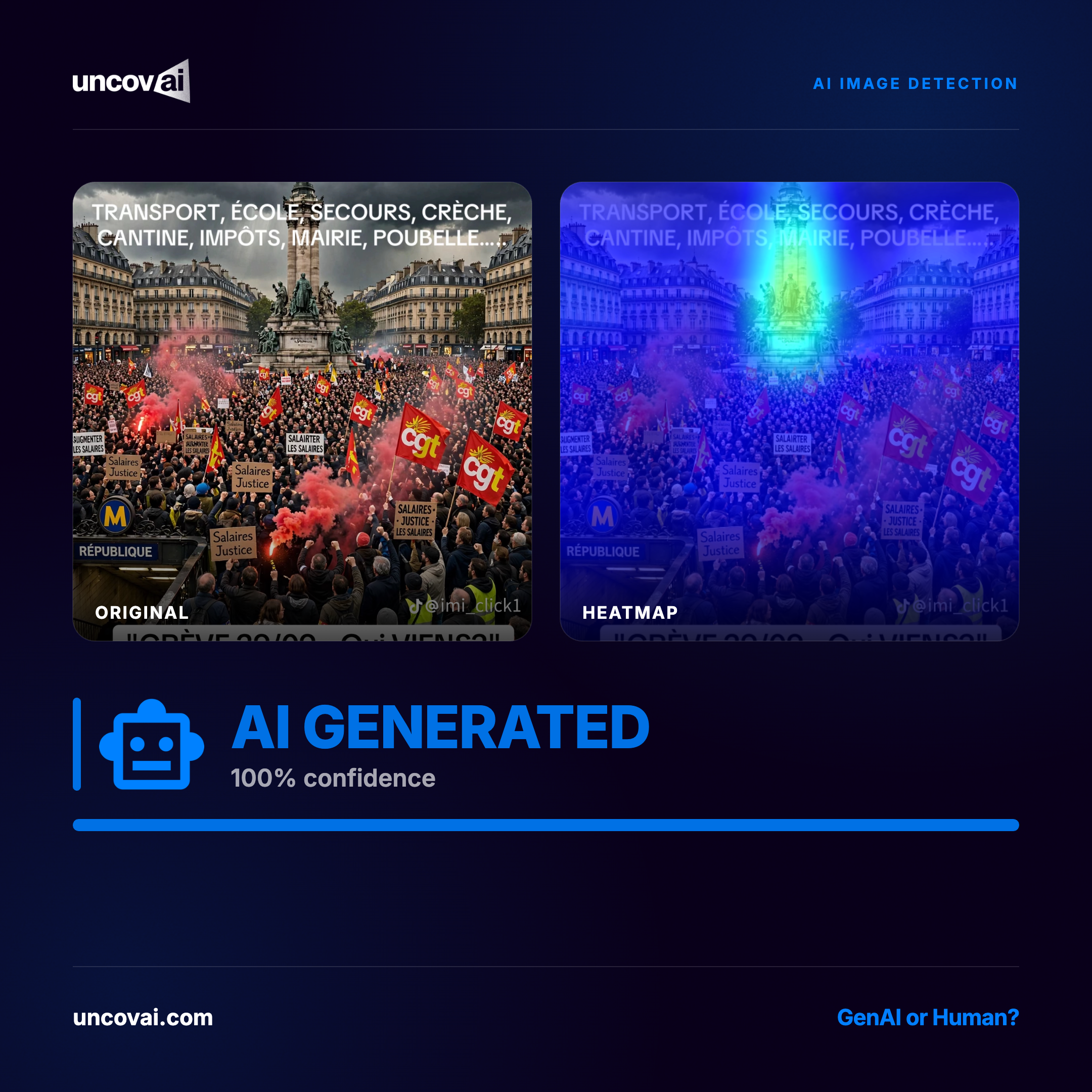 UncovAI detection result screen showing how an AI-generated video is analysed
